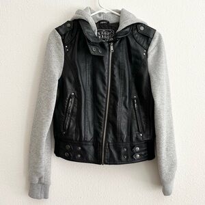 Last Kiss Y2K Black Leather Hybrid Gray Hooded Zip Moto Jacket Size Medium